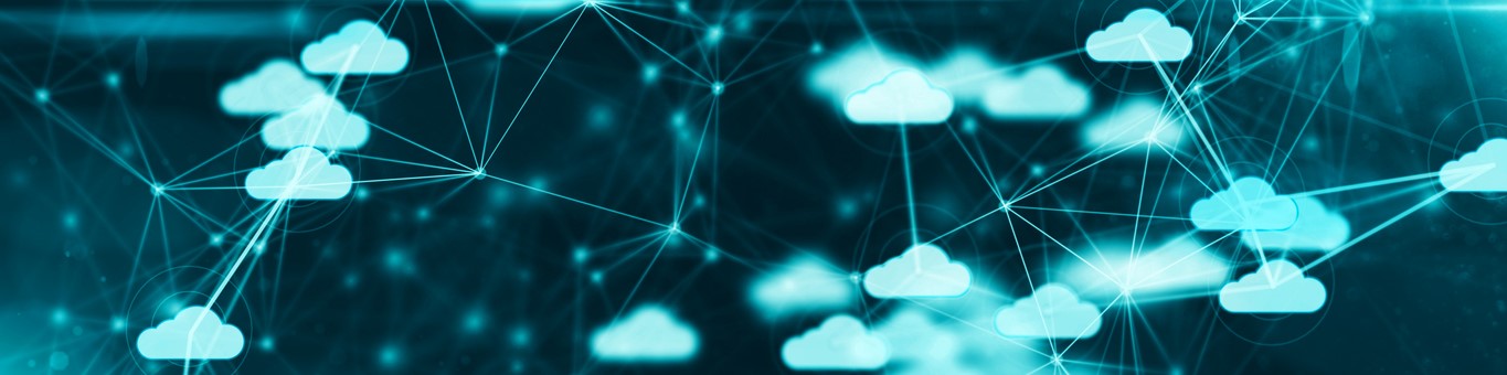 Réseau numérique avec icônes cloud sur fond bleu foncé, illustrant l’infrastructure cloud connectée de Priva.