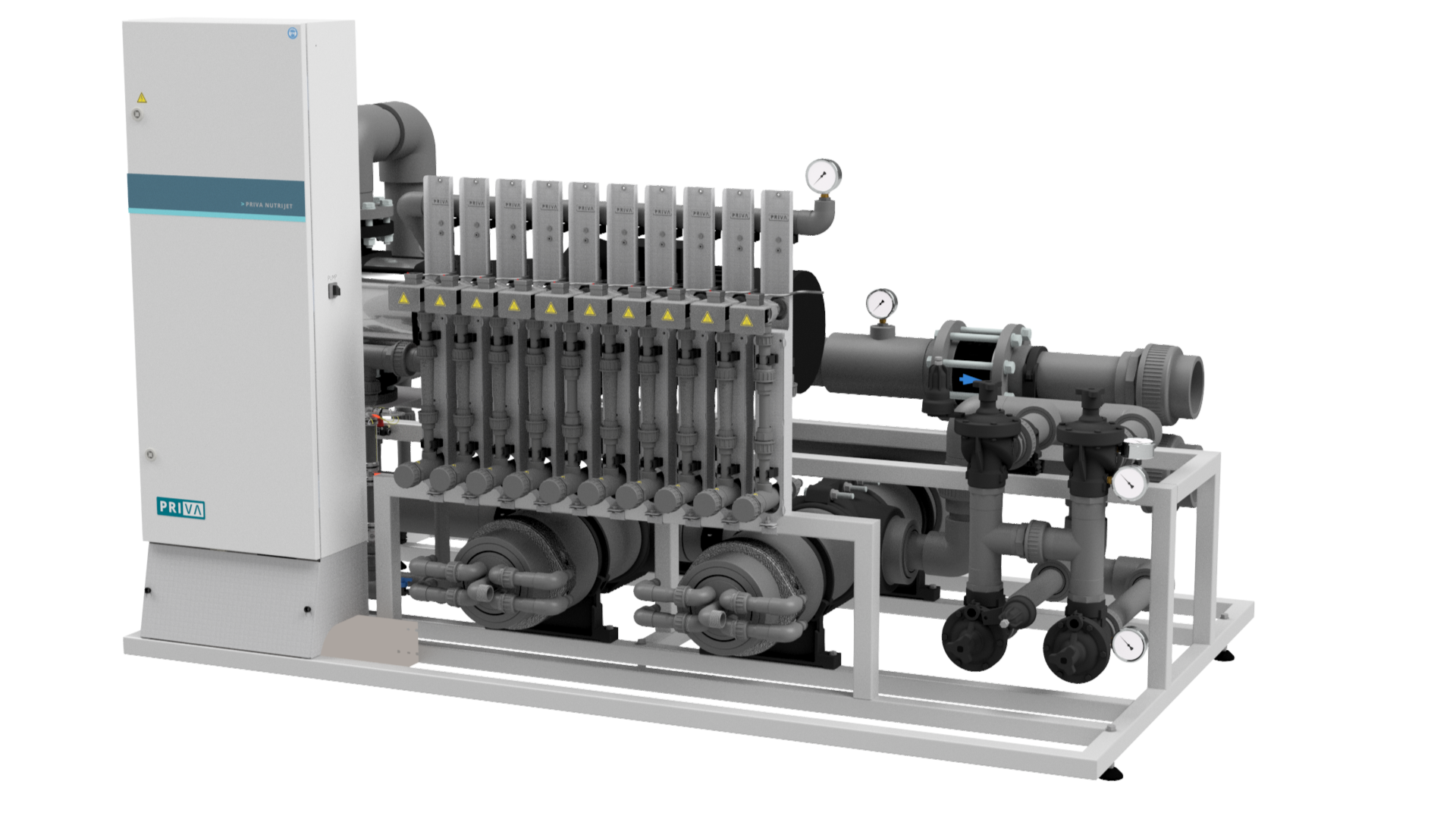 Industrielles Nutrijet-System mit Zylindern, Rohren, Ventilen und PALL-Steuerung auf Metallrahmen.