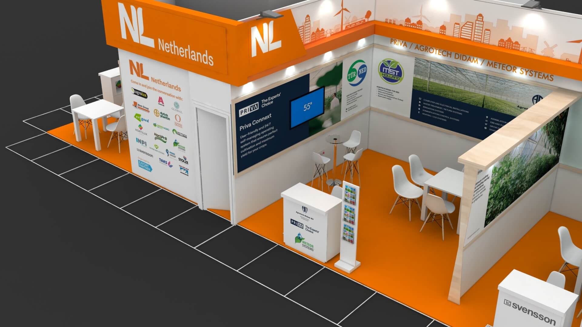 Netherlands trade show booth showcasing agricultural technology and horticulture innovation displays.