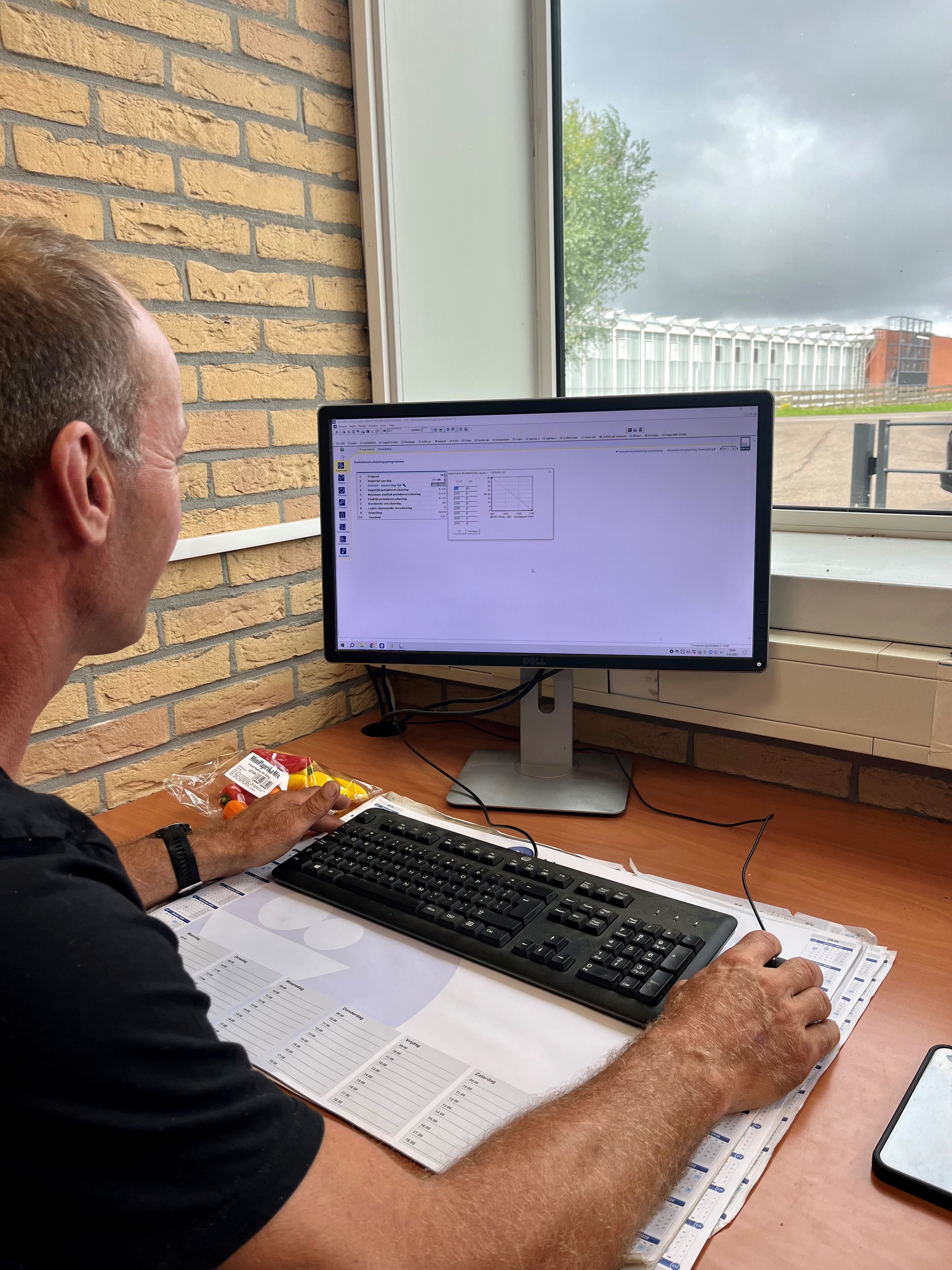 Person arbeitet an einem Schreibtisch mit Desktopcomputer, Tastatur und Maus neben einem Fenster.